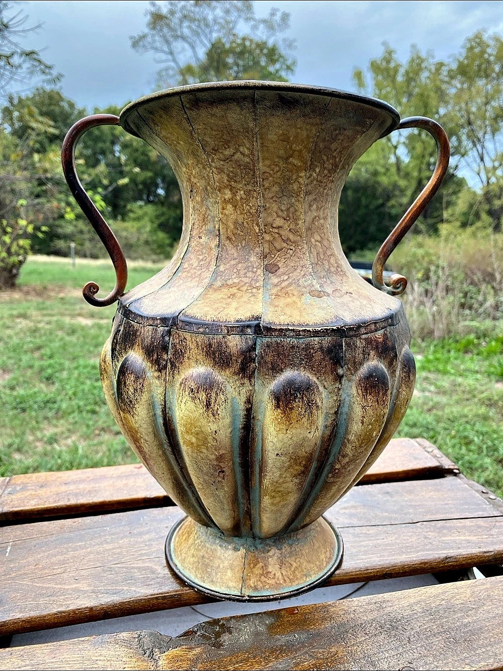 Garden Ridge Decorative Metal Urn Vase in Brown & Gold